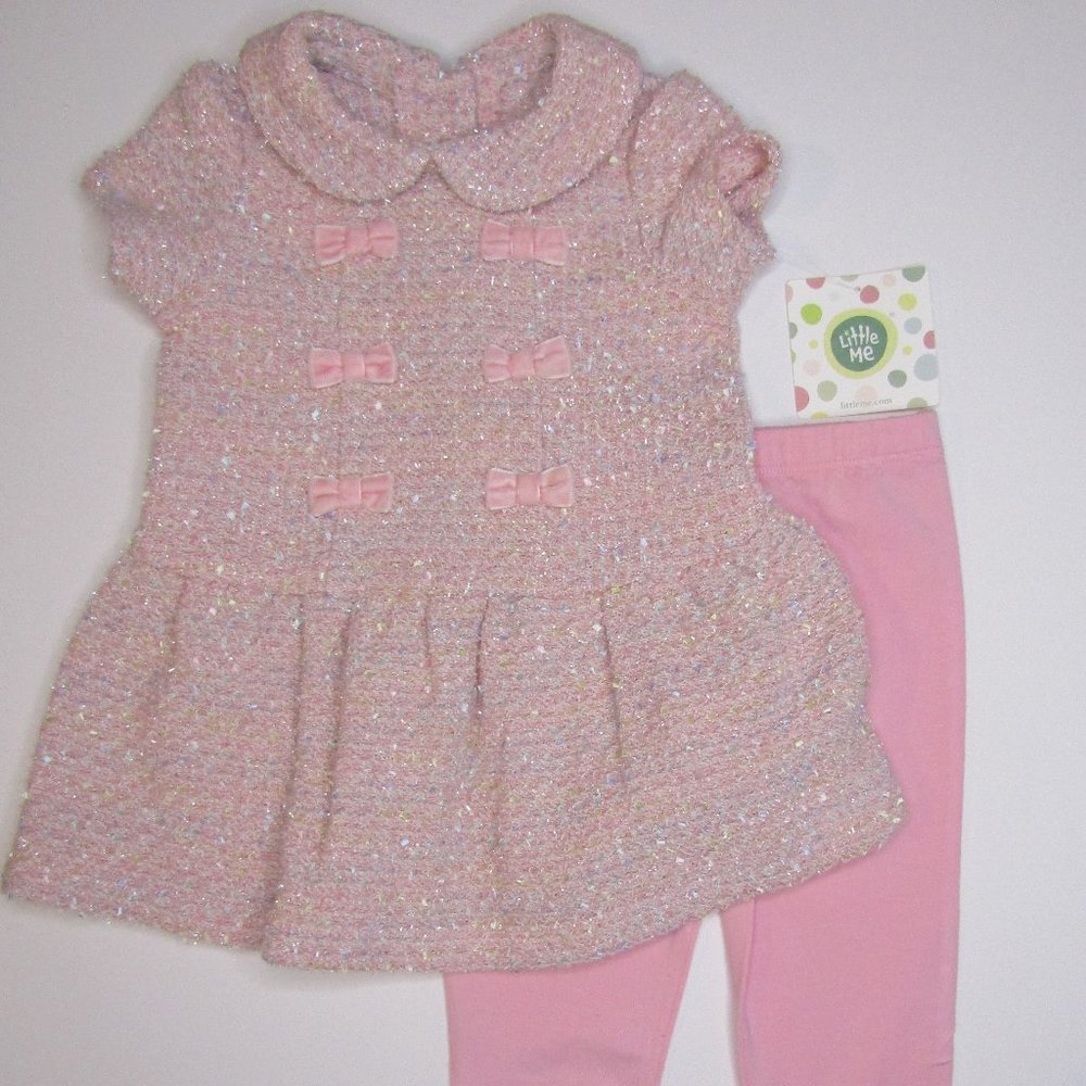 Little Me baby girls 2 piece short sleeve pink sparkly tweed dress set 12 mo